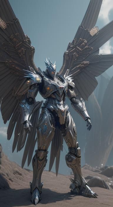 Armored Man and Winged Beast in Futuristic Style