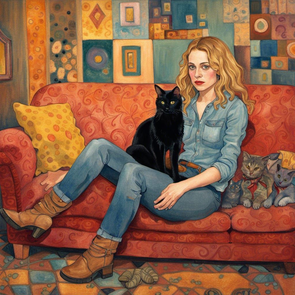 Woman with Black Cat in Klimt-Inspired Living Room