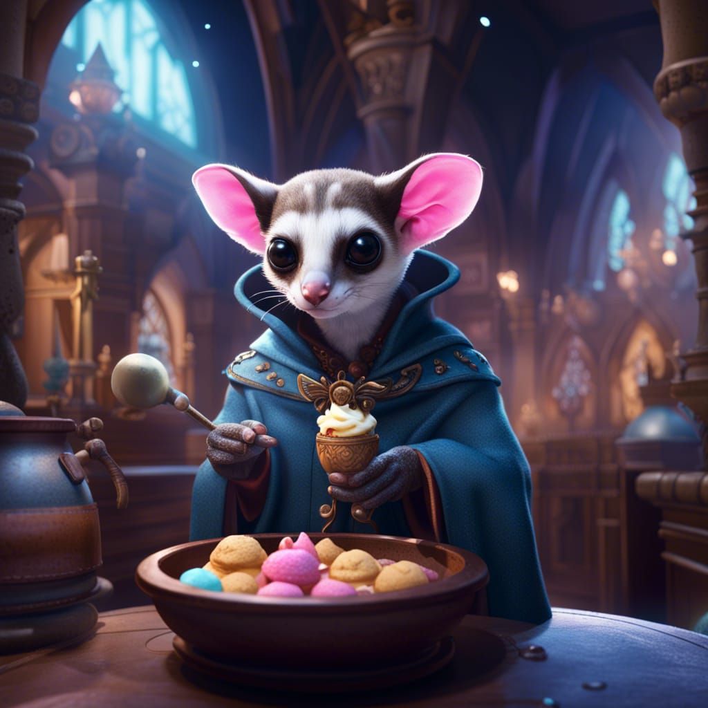 Magical Sugar Glider Brews Ice Cream, Detailed Digital Art