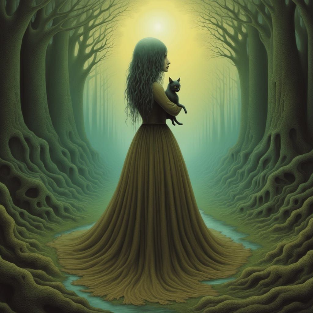 Forest Princess with Cat in Yoshitaka Amano Style