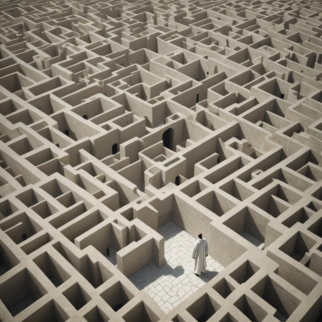 Monochromatic Surreal Maze with Figure in Dreamlike Landscap...