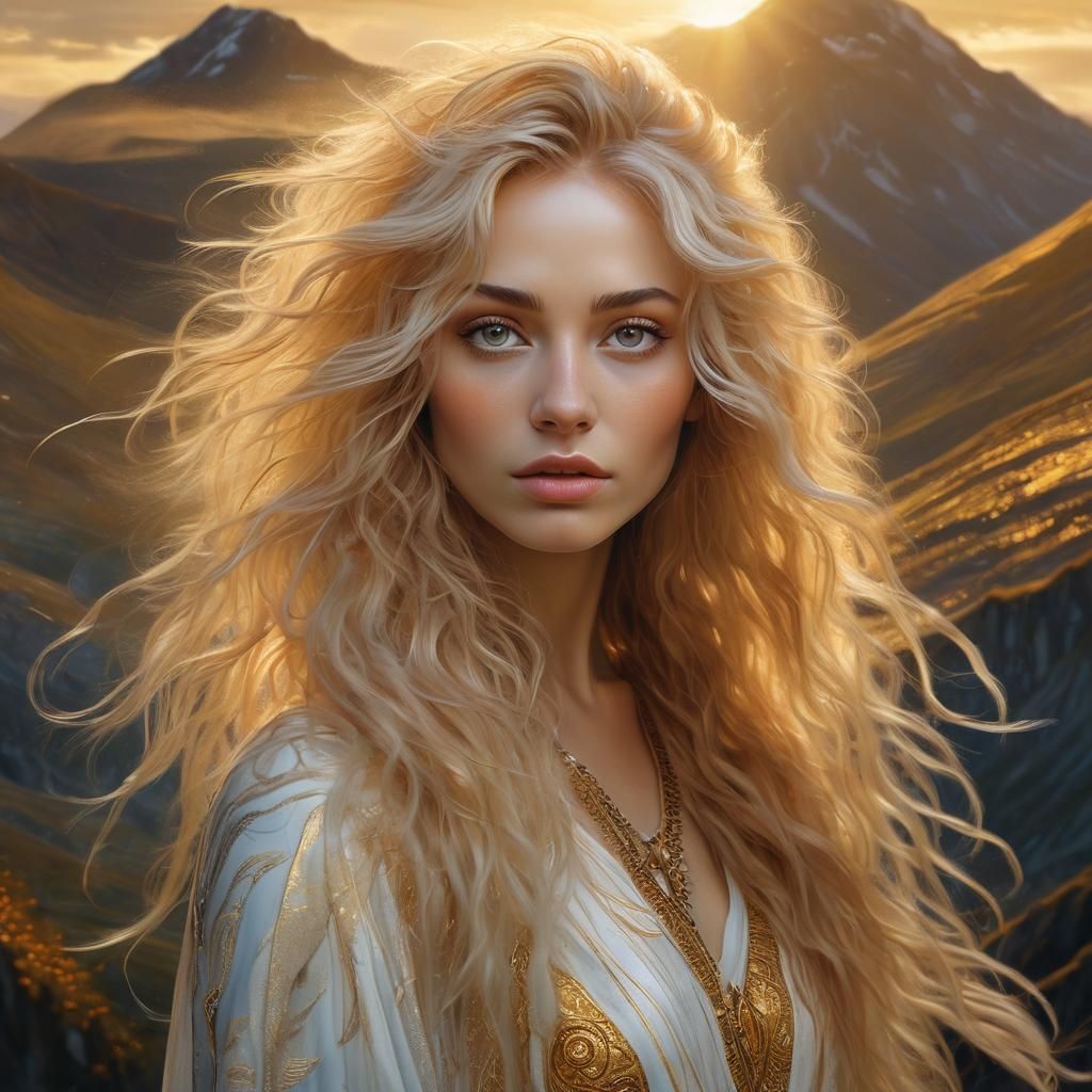 Golden Eyed Woman in Mountain Landscape: Klimt Style