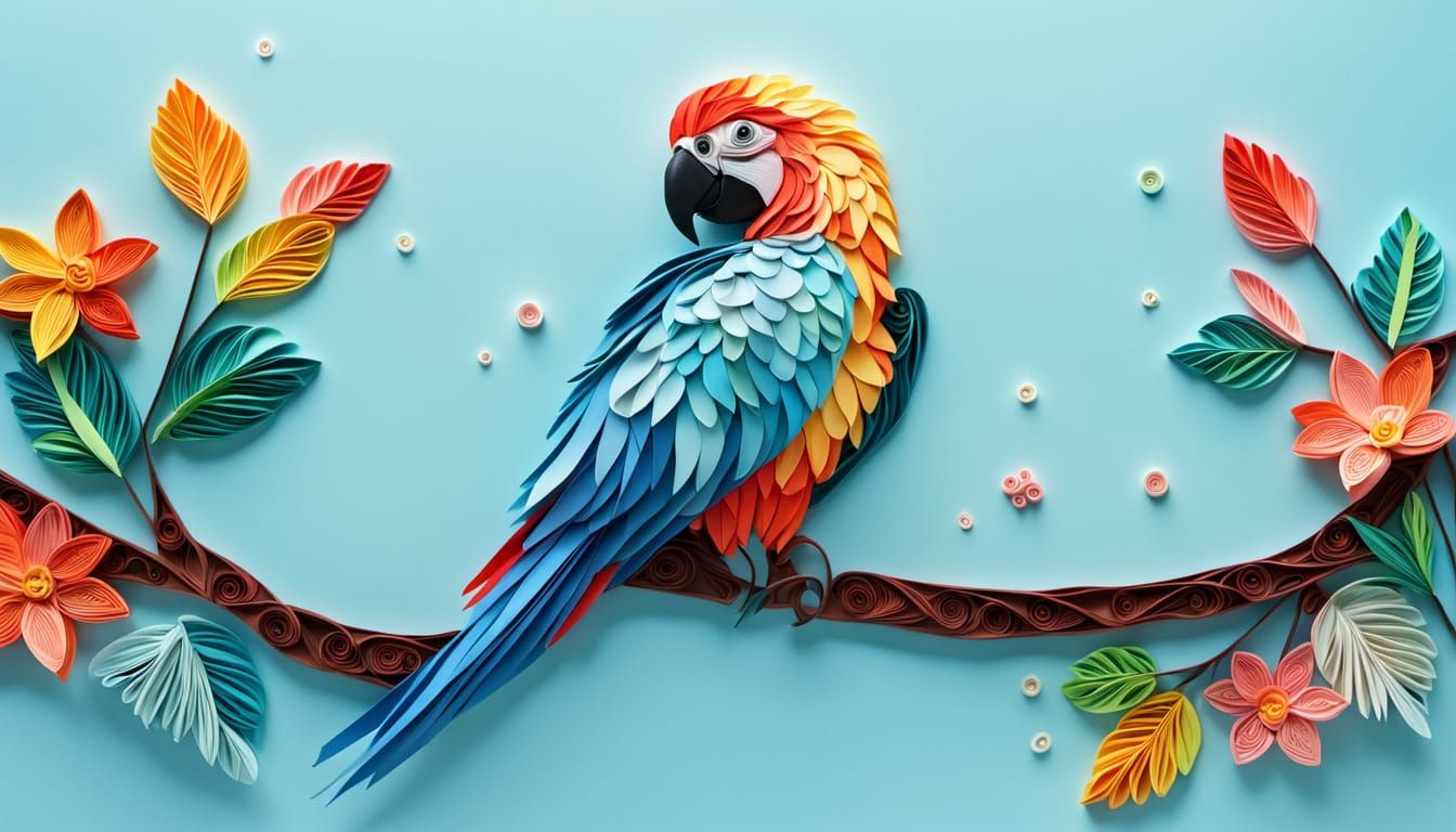 Quilled Paper Macaw on Branch in Origami Style