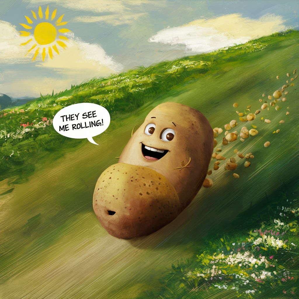 Anthropomorphic Potato Rolling Down a Hill