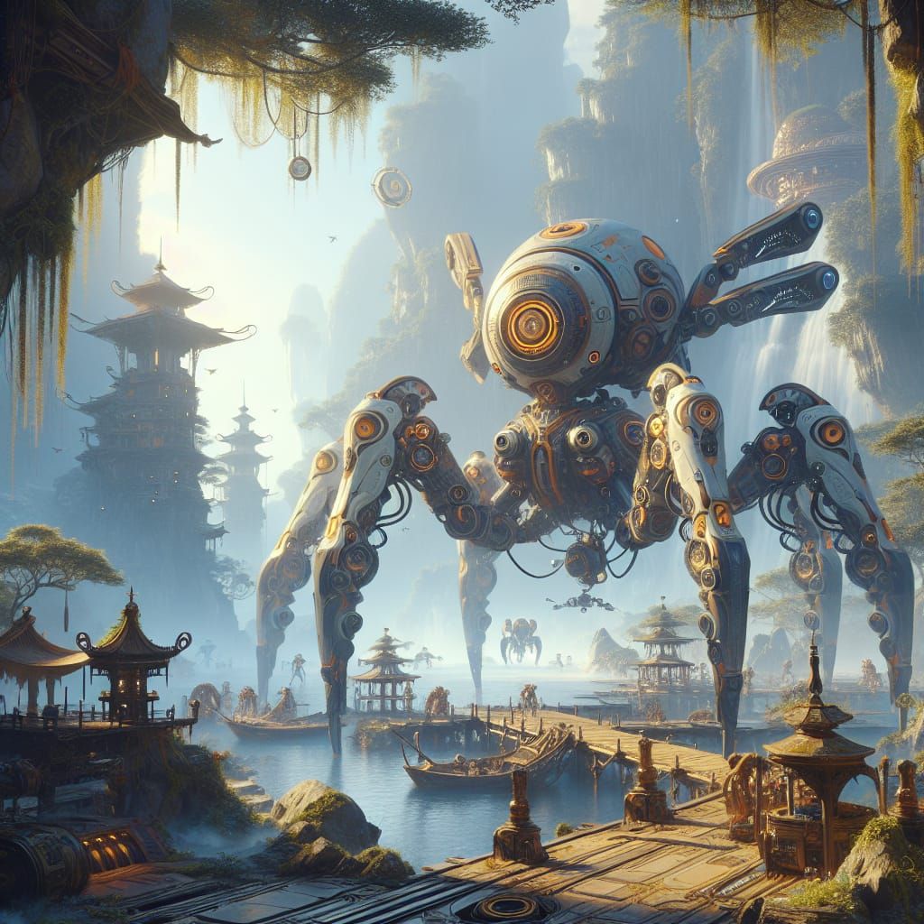 Fantastical Hexapod Robot in Detailed Matte Painting