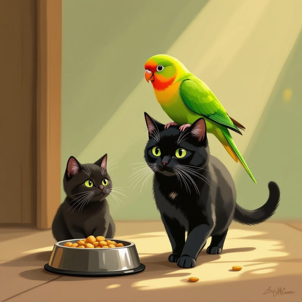 Lovebird Parrot on Cat's Head Heading for Food Bowl
