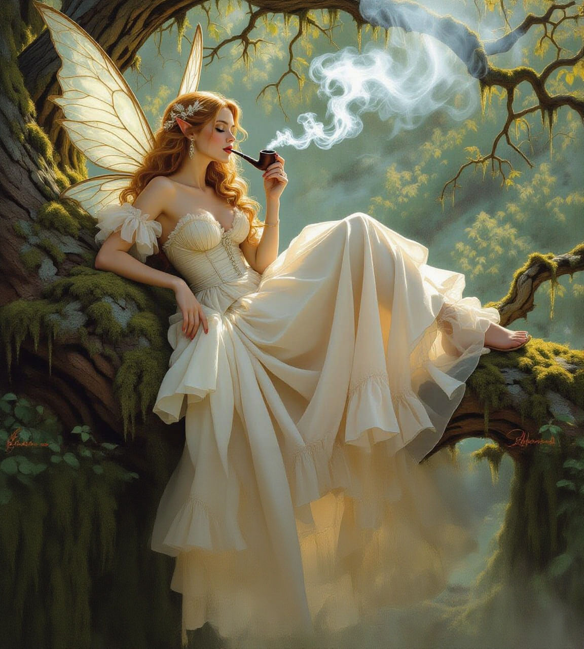 Fierce Fairy Smoking Dragon Pipe as Oil Painting