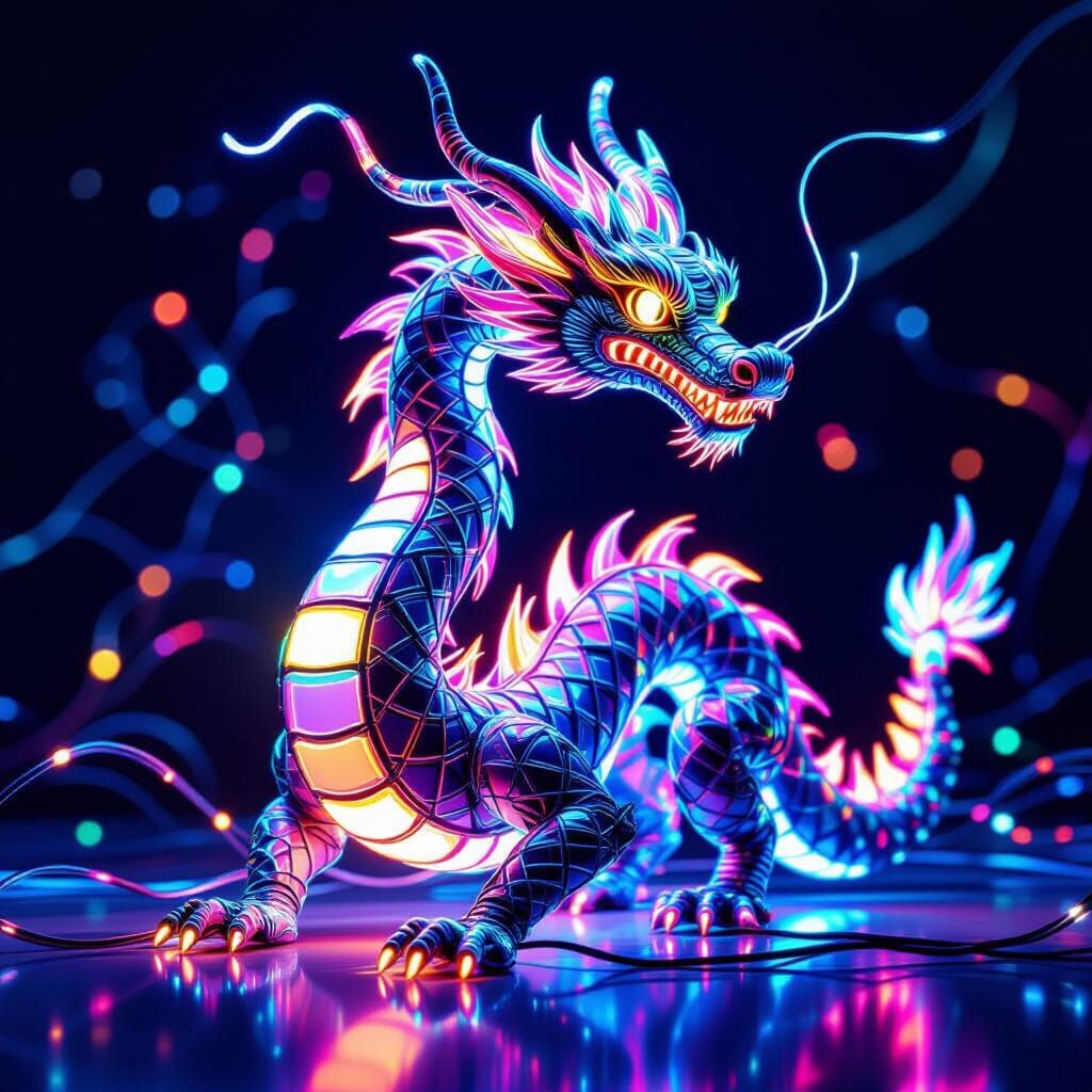 Glowing Multicolored Wire Dragon Sculpture