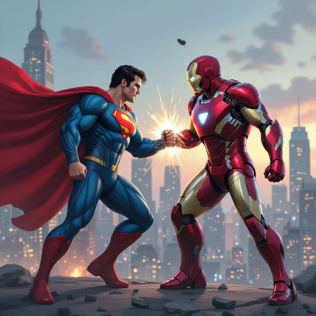 Superman and Ironman Clash in Dystopian Cityscape