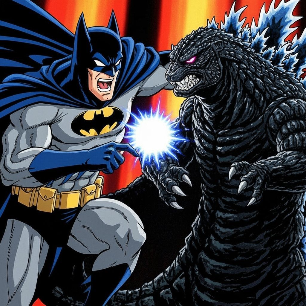 Batman Fights Godzilla in Dynamic Anime Style