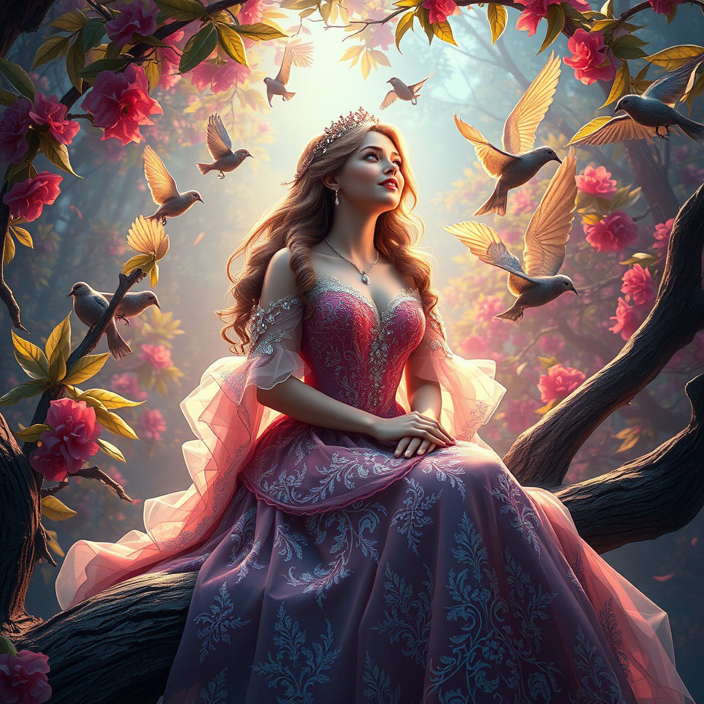 Princess Bella Singing to Birds: Hyper-Realistic Portrait