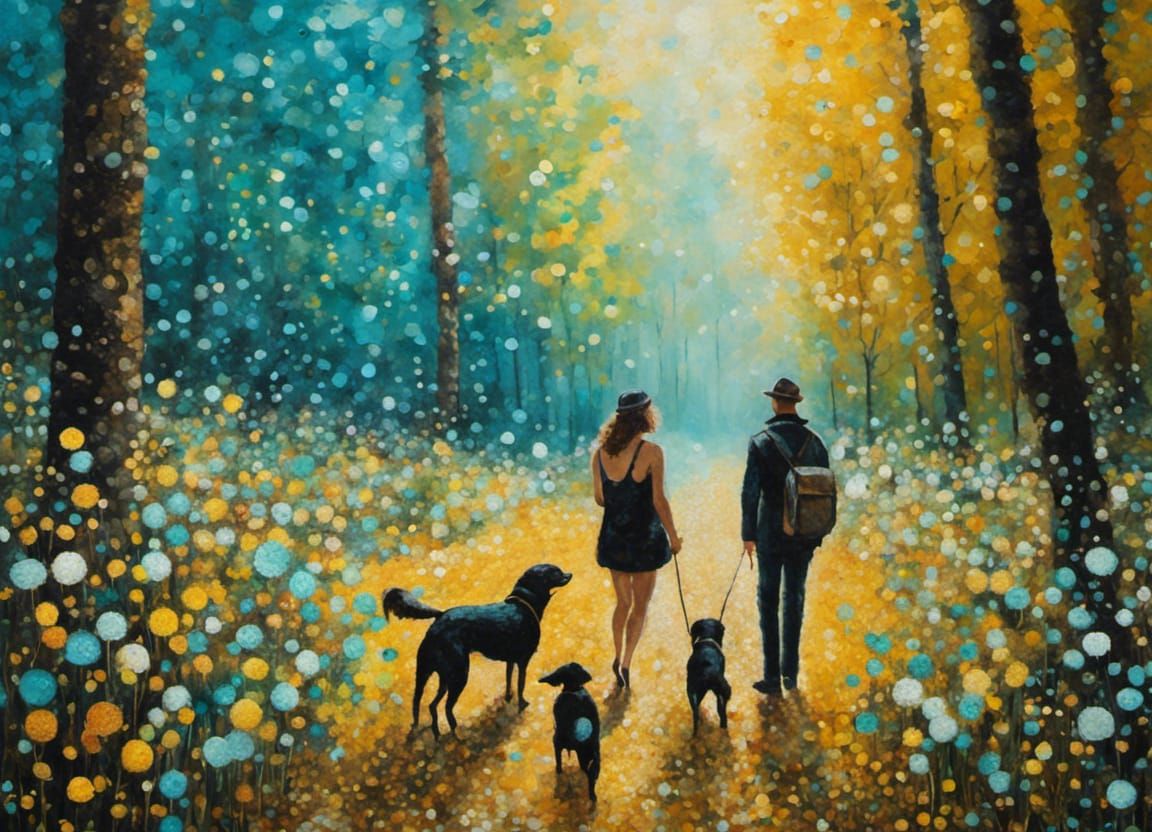 Pointillist Forest Walk with Figures and Animals