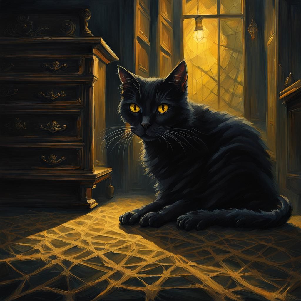 Ominous Black Cat in Dark Impressionism Style