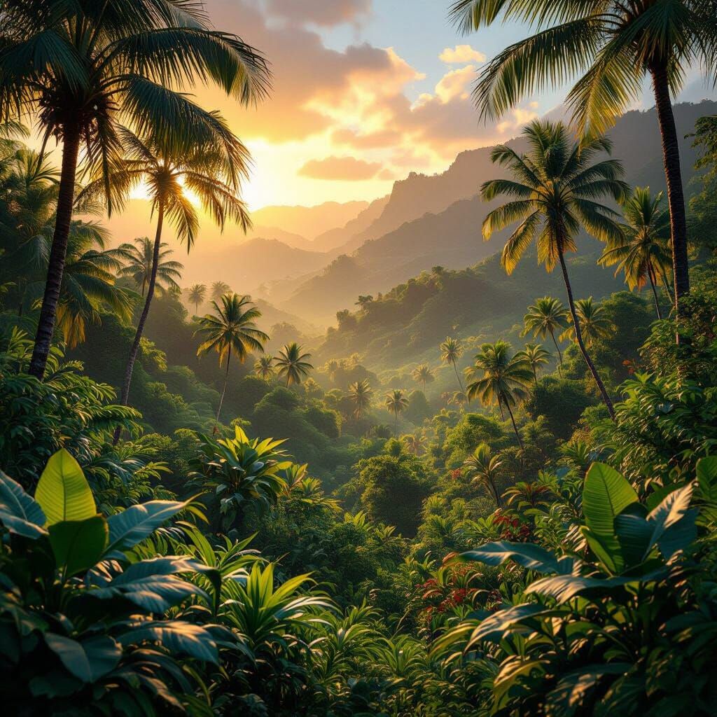 Hyperrealistic Tropical Paradise at Golden Hour
