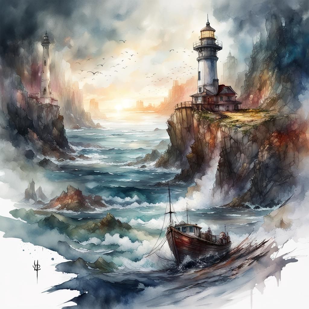 Watercolor Seascape Lighthouse Concept Art