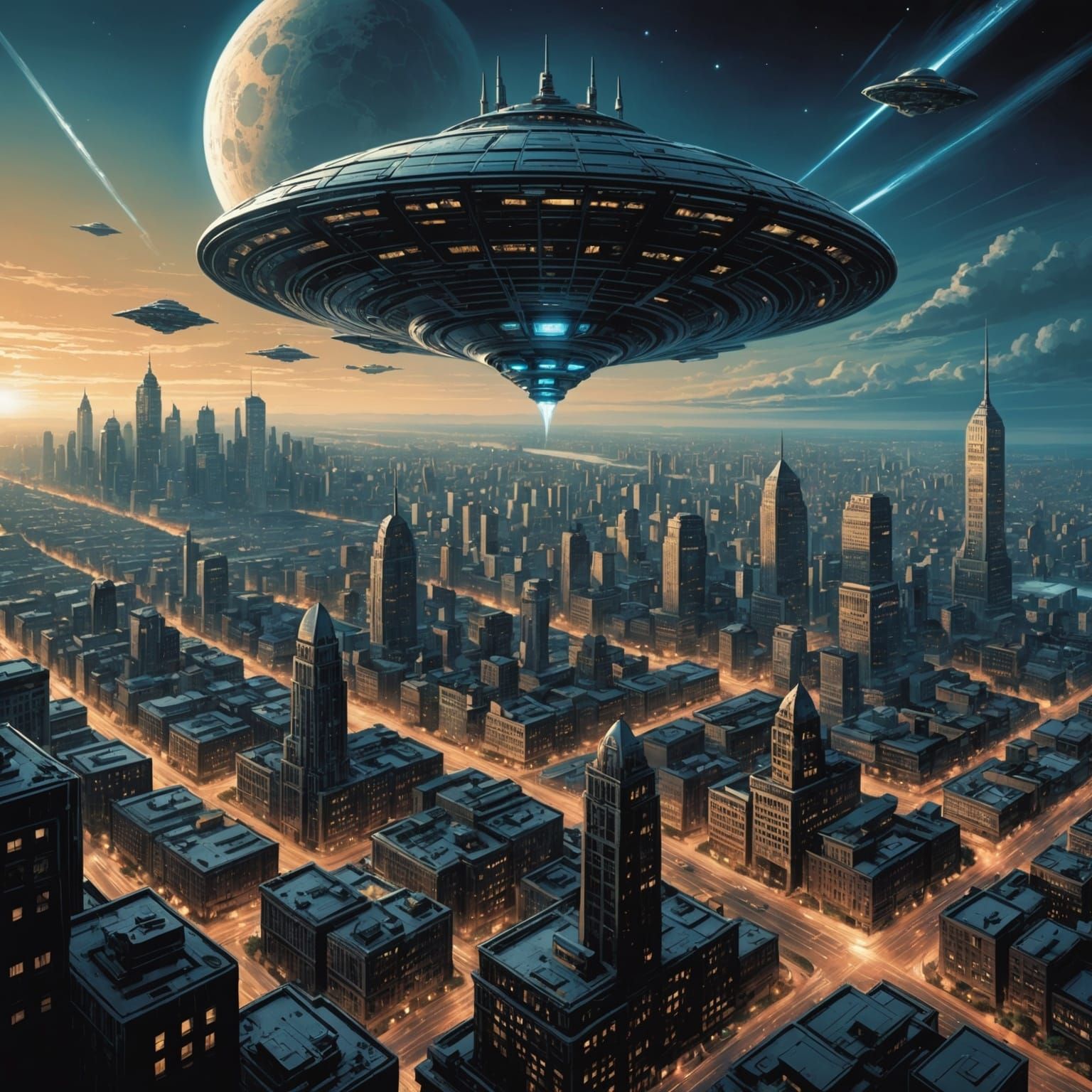 Alien Spaceship Over City, Comic Book Art