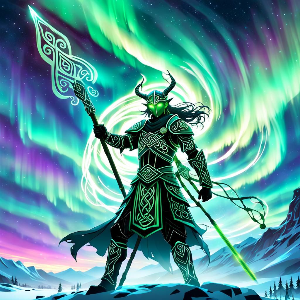 Celtic Warrior Under Northern Lights in Anime Style