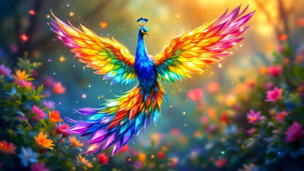 Crystal Peacock Takes Flight Over Rainbow Forest