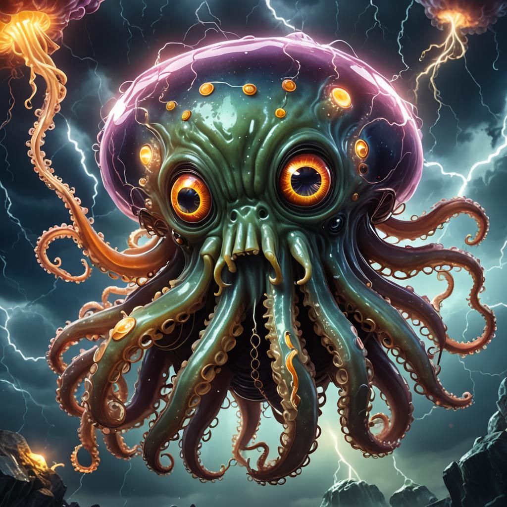 Glowing Space Octopus Concept Art in Dark Fantasy Style