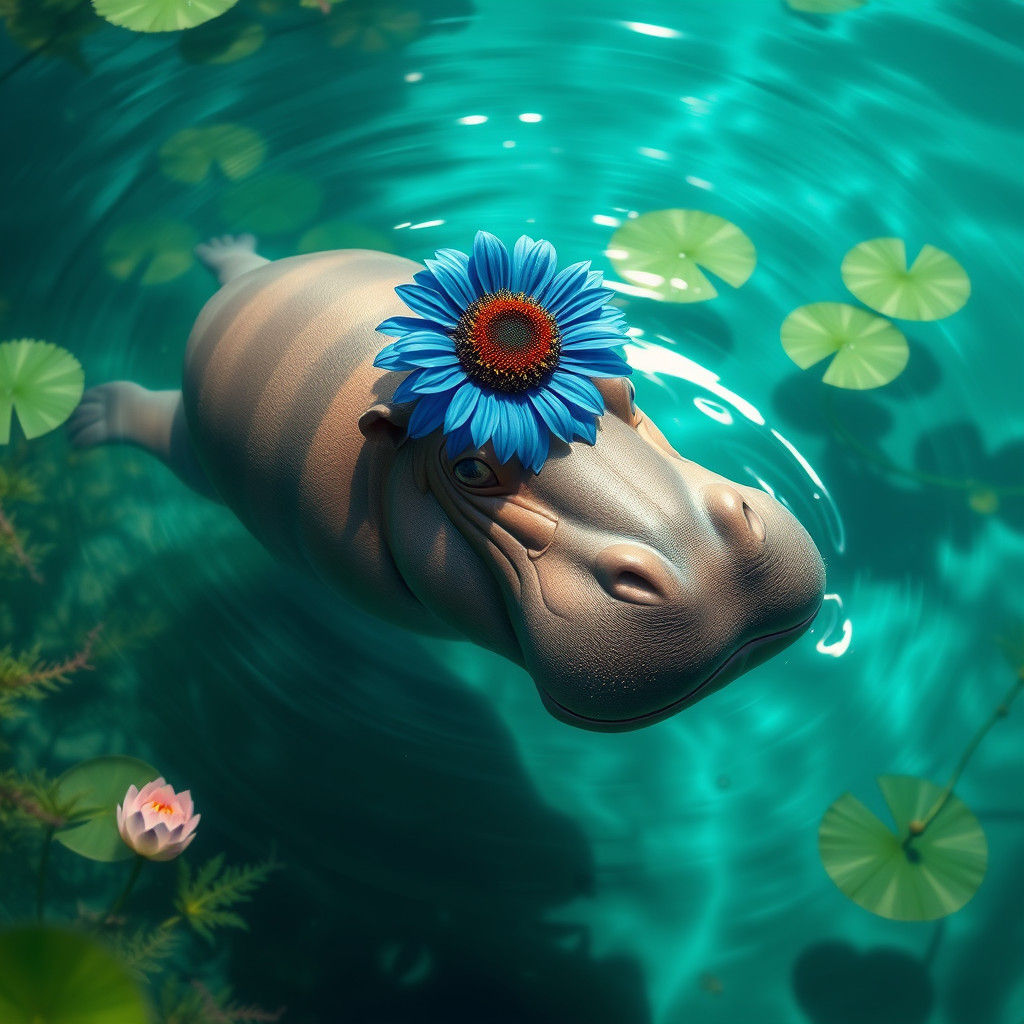 Hippo with Sunflower in Fantasy Concept Art Style