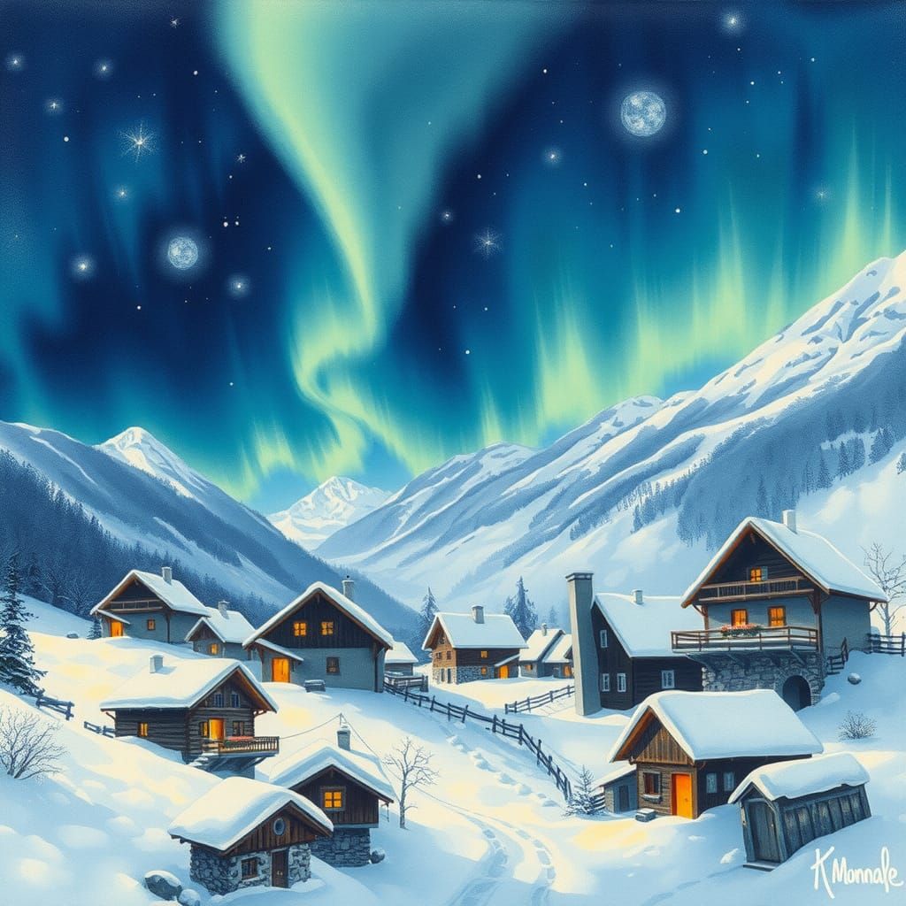 Snowy Mountain Village Under Aurora, Watercolour Painting