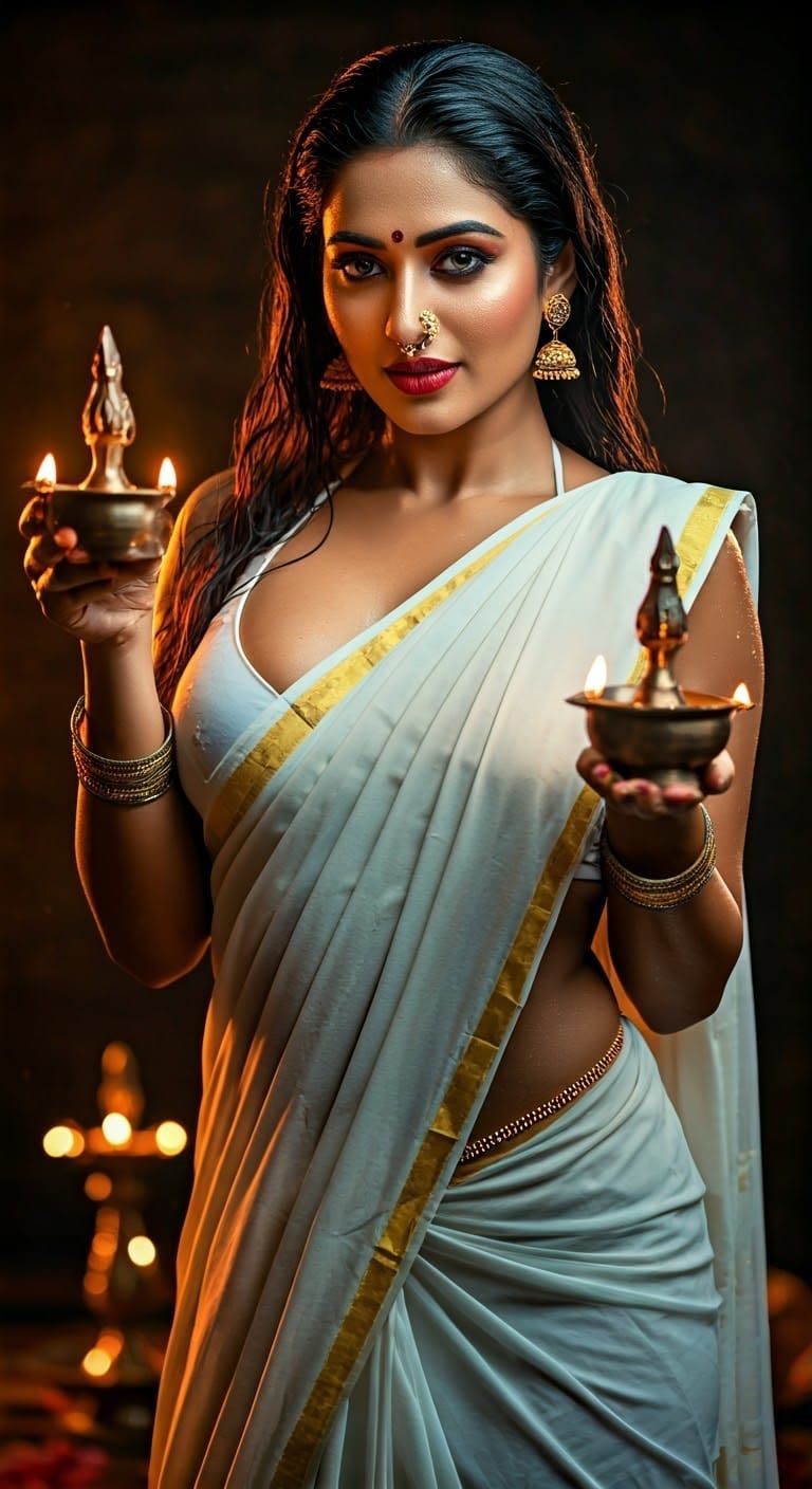Ethereal Indian Goddess in Kerala Saree, Golden Nose Ring, a...