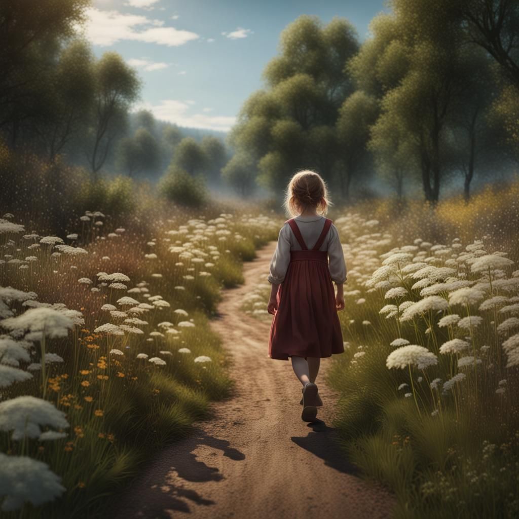 Girl Picking Wildflowers: Detailed Fantasy Concept Art