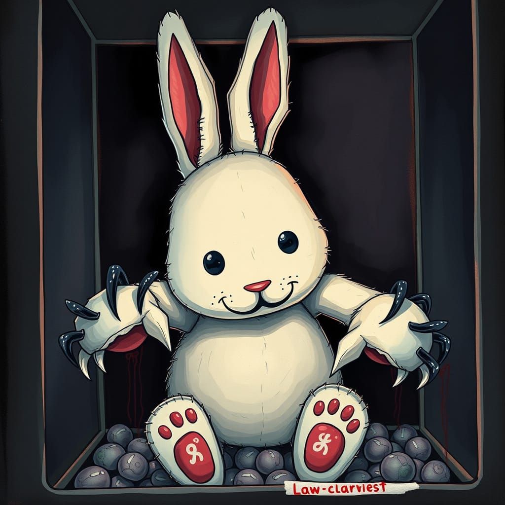 Menacing Stitched Bunny Lurking in Carnival Claw Machine