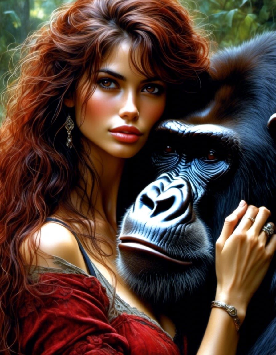 Woman Hugging Gorilla in Hyperreal Style