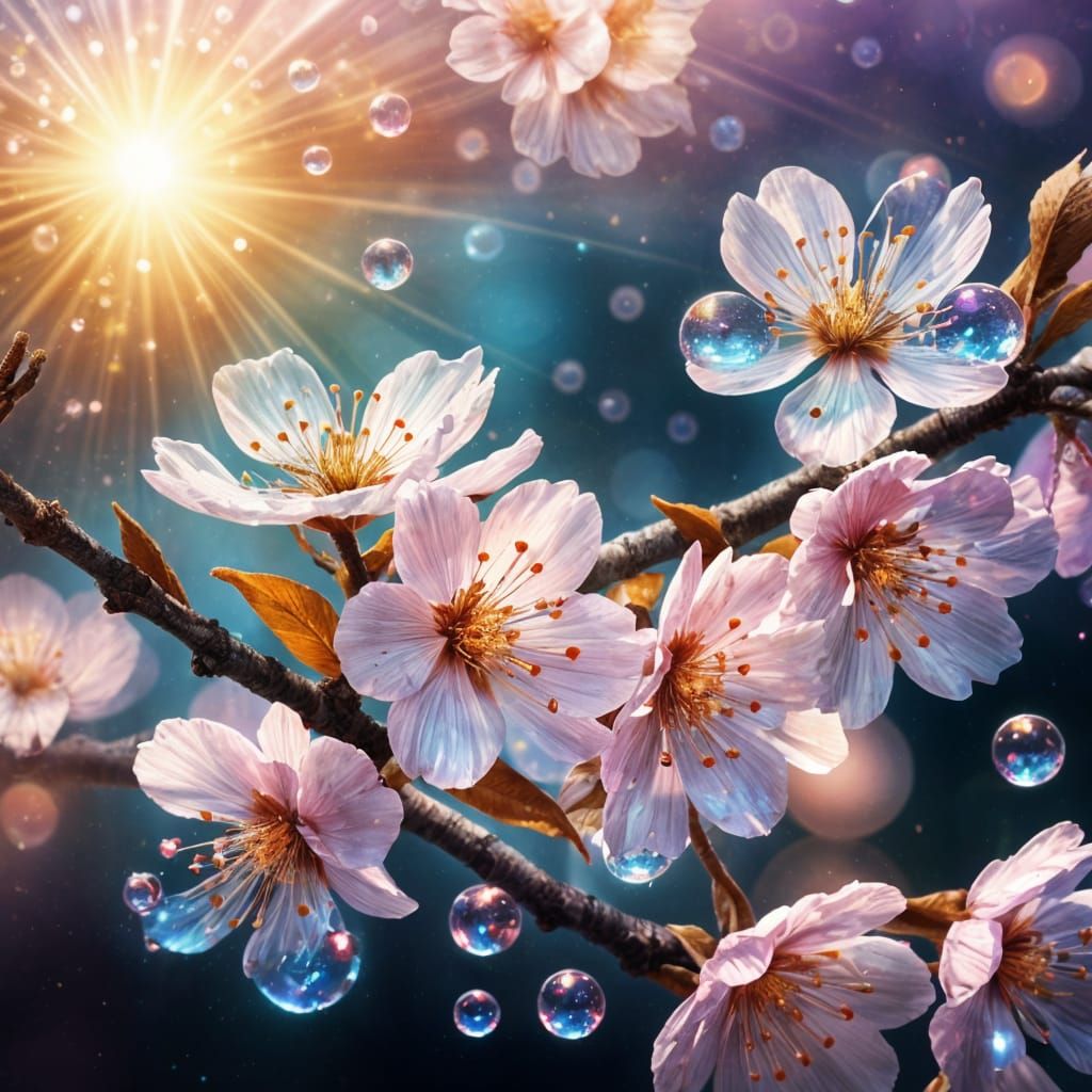 A surreal glowing magical cherry blossom flower