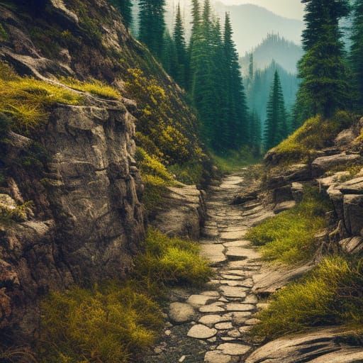 Rocky Mountain Hiking Trail at Sunrise: Hyperrealistic Lands...