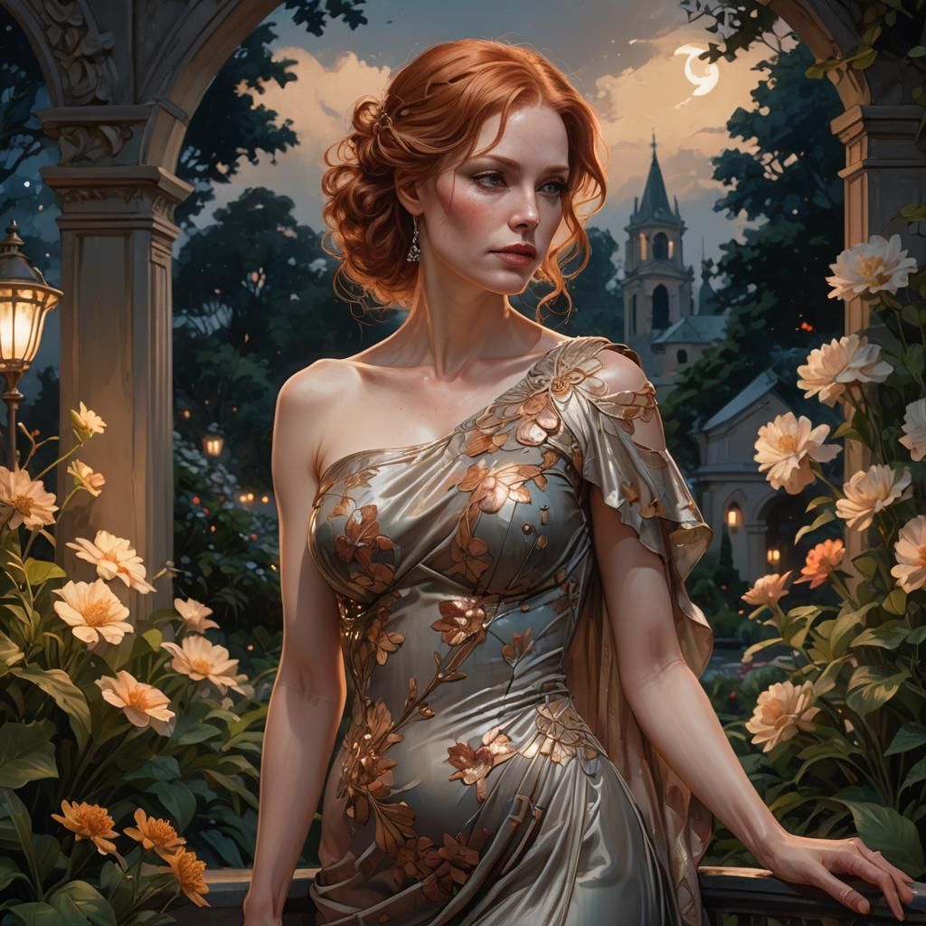 Elegant Redhead Portrait in Garden at Night