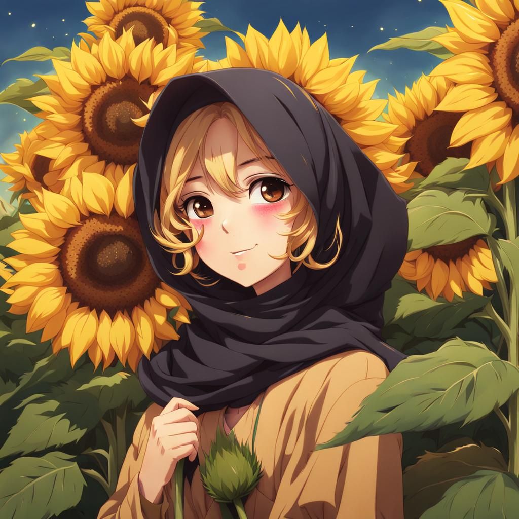Anime Girl with Hijab and Sunflowers