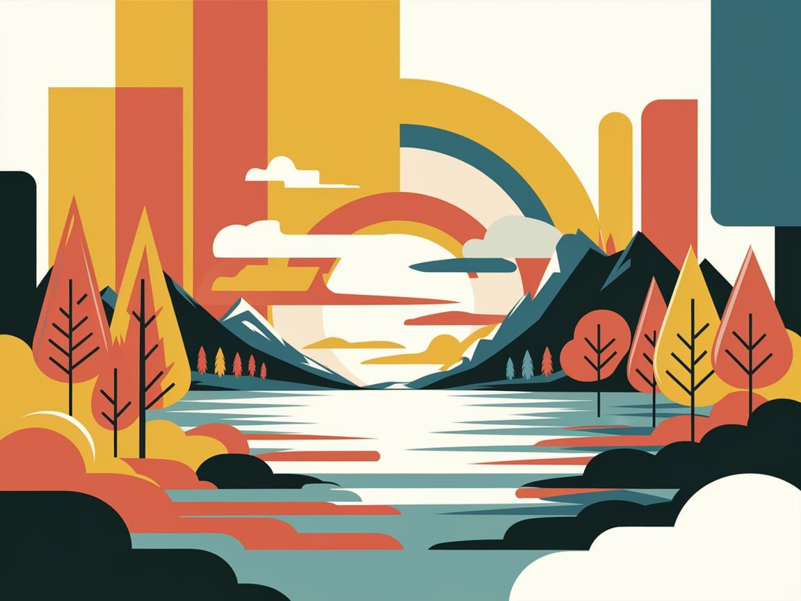 Vibrant Autumn Landscape with Geometric Sunset