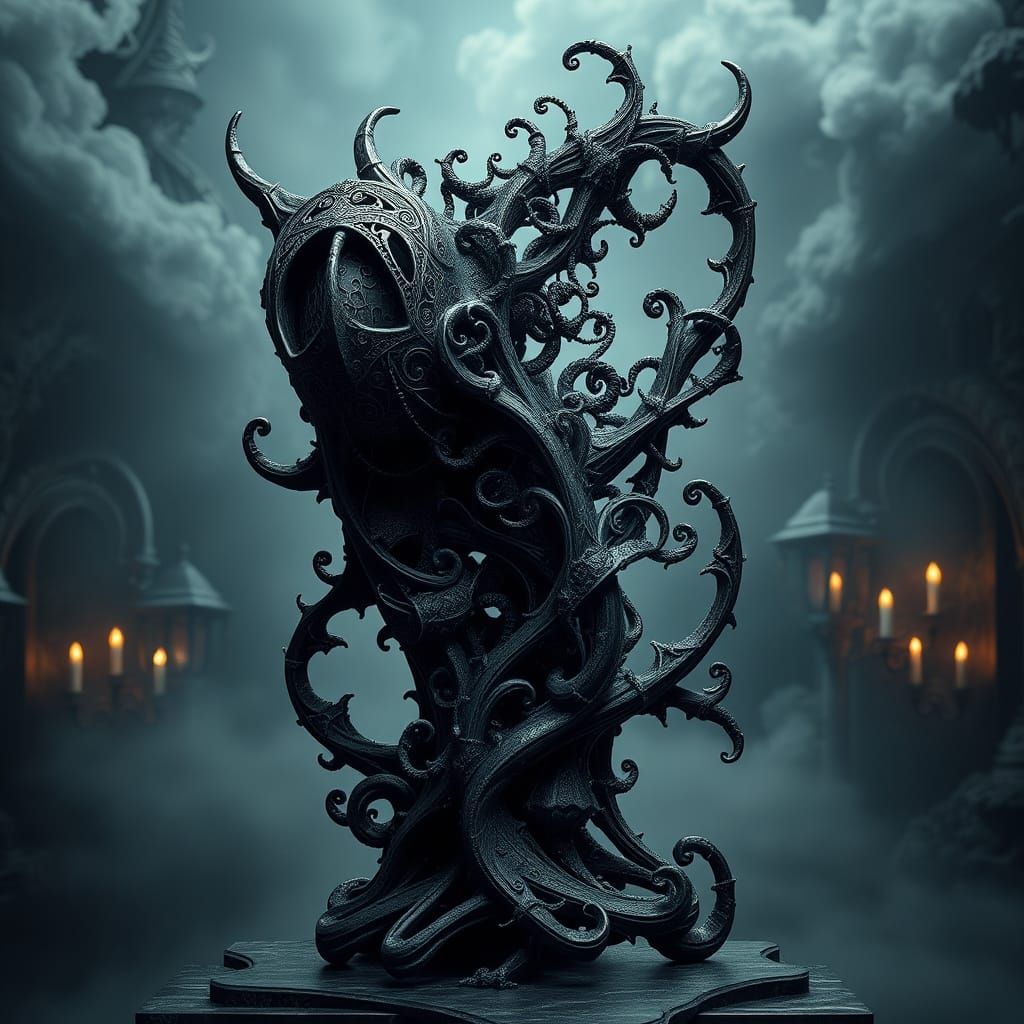 Gothic Sculpture with Fractal Patterns and Mystical Backgrou...