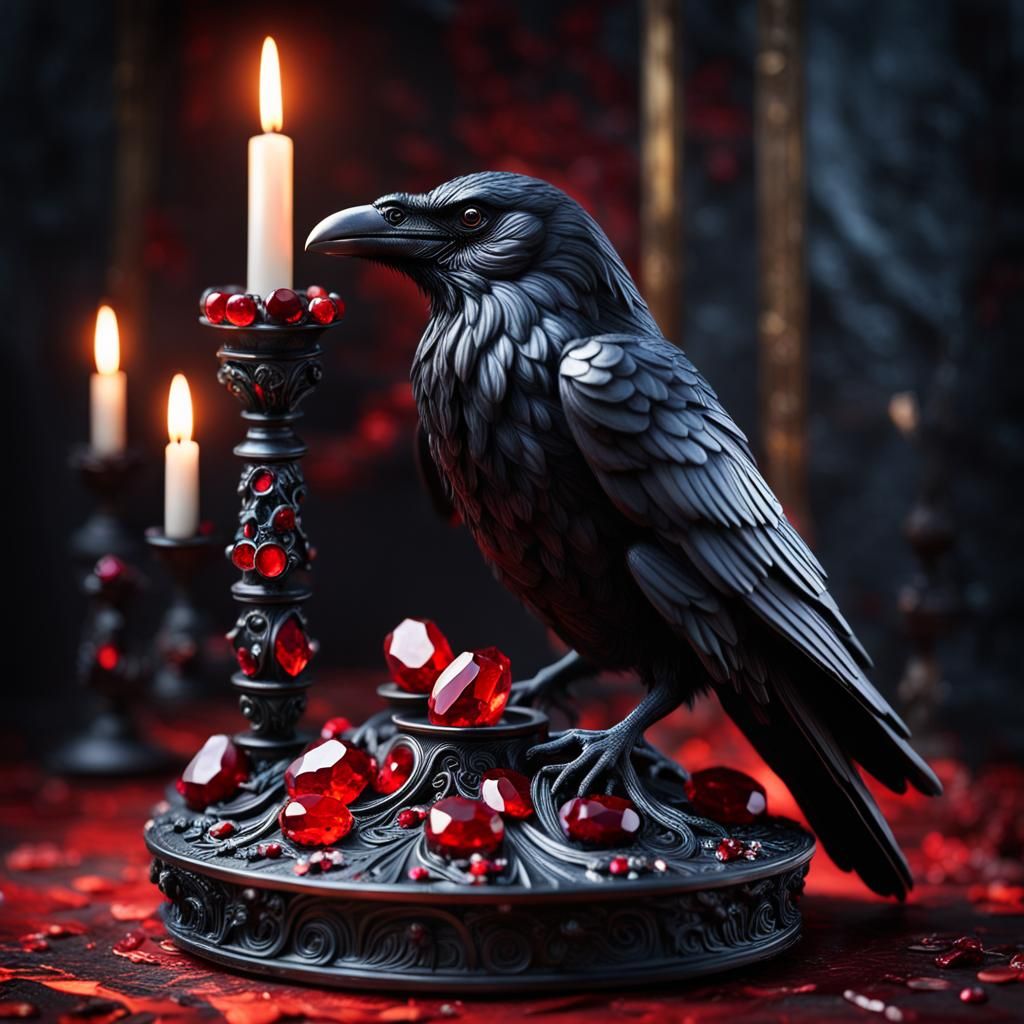 Luxury Gothic Candleholder with Raven and Gemstones