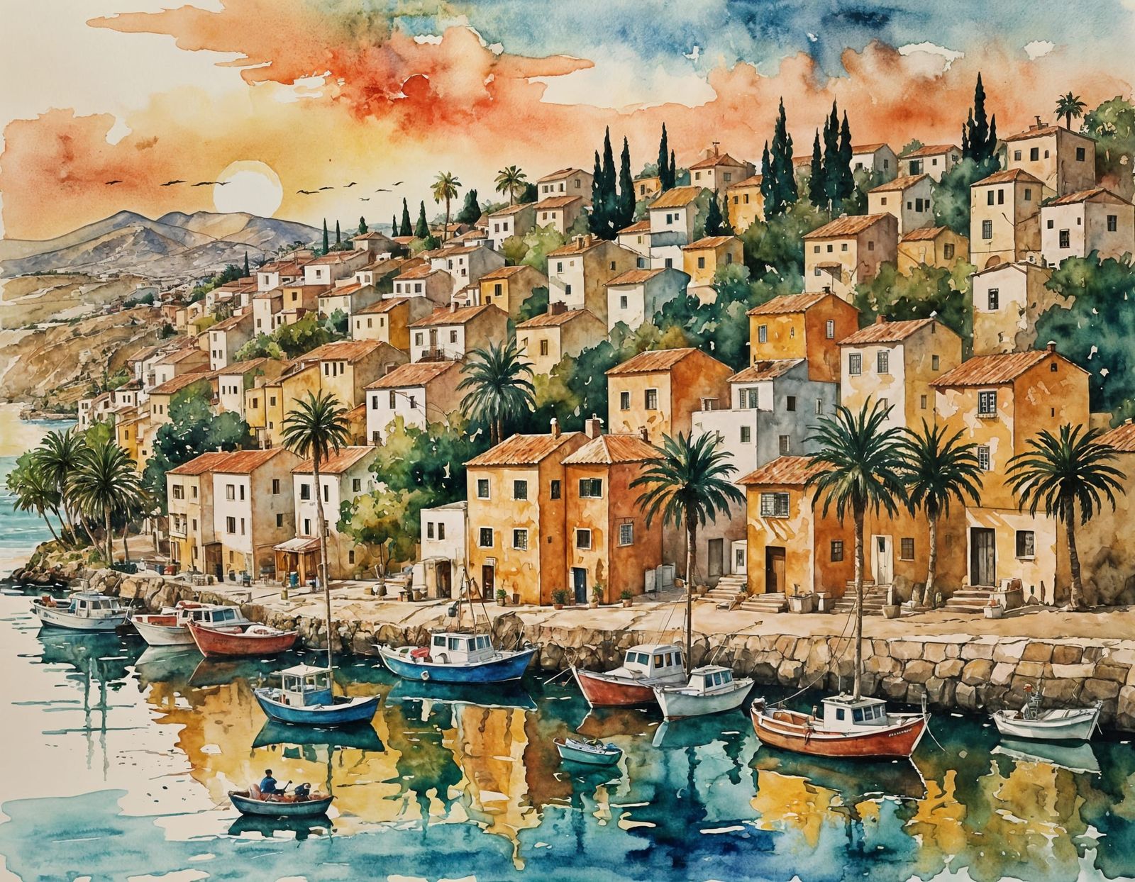 Cyprus Seaside Postcard in Alcohol Ink Watercolor