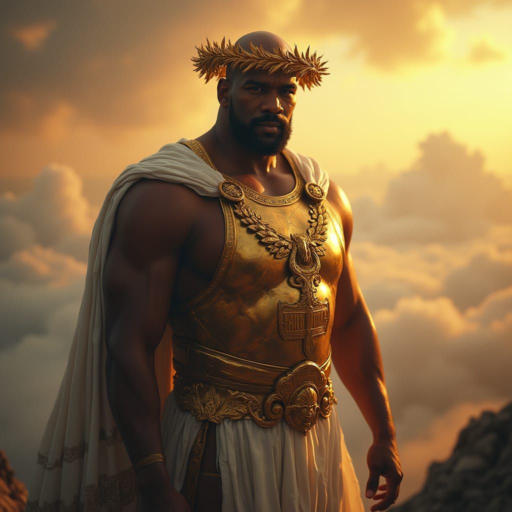 Shaquille O'Neal as Zeus: Regal Portrait in Golden Armor