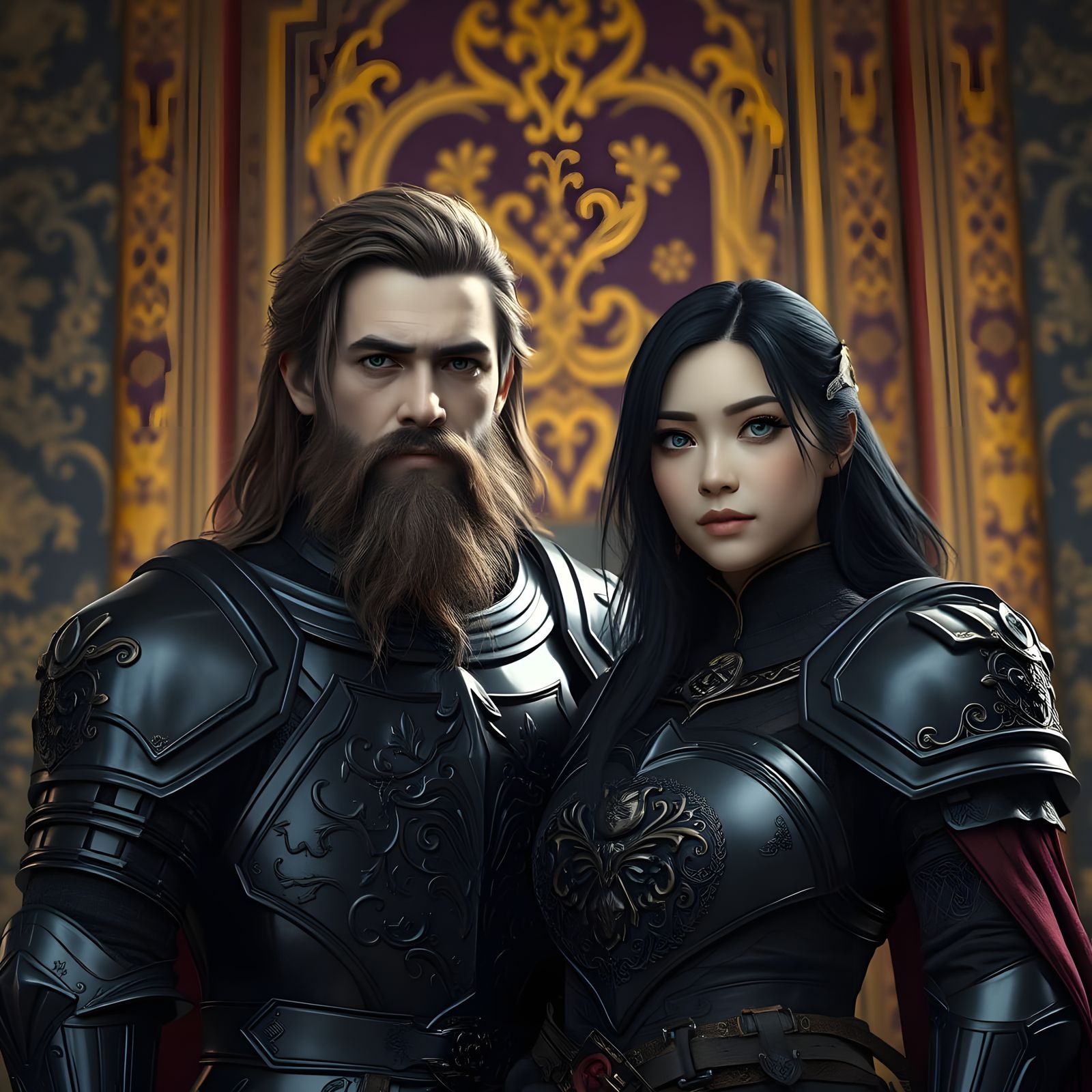 Armored Couple in Ornate Throne Room