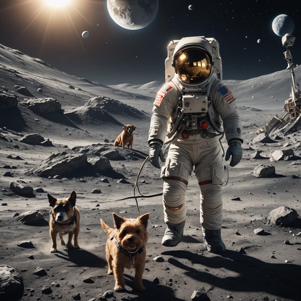 Astronaut and Dog on the Moon in Detailed Matte Painting
