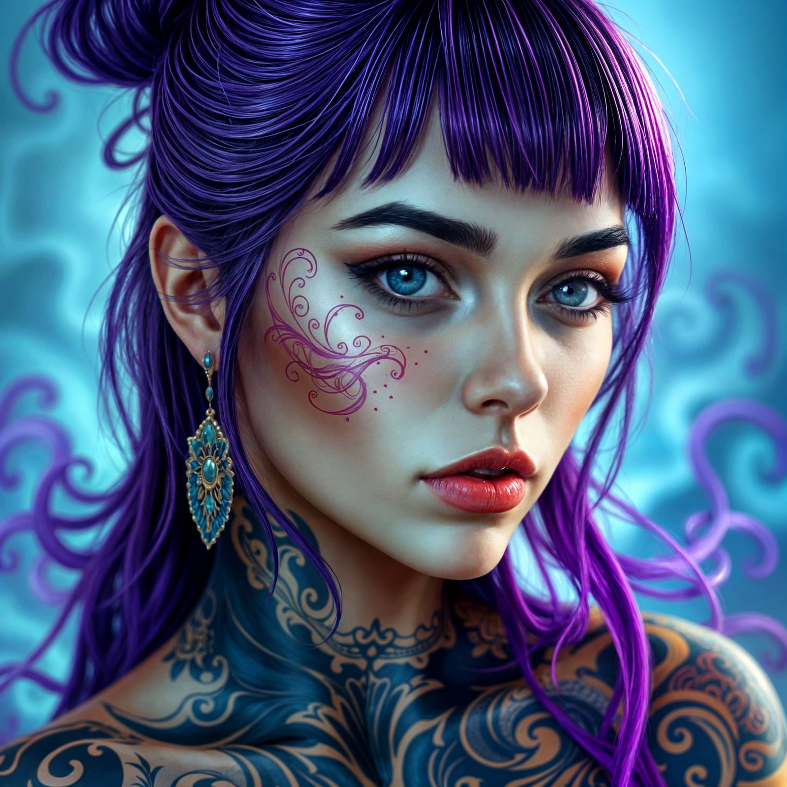 Digital Art of a Woman with Purple Hair and Tattoos