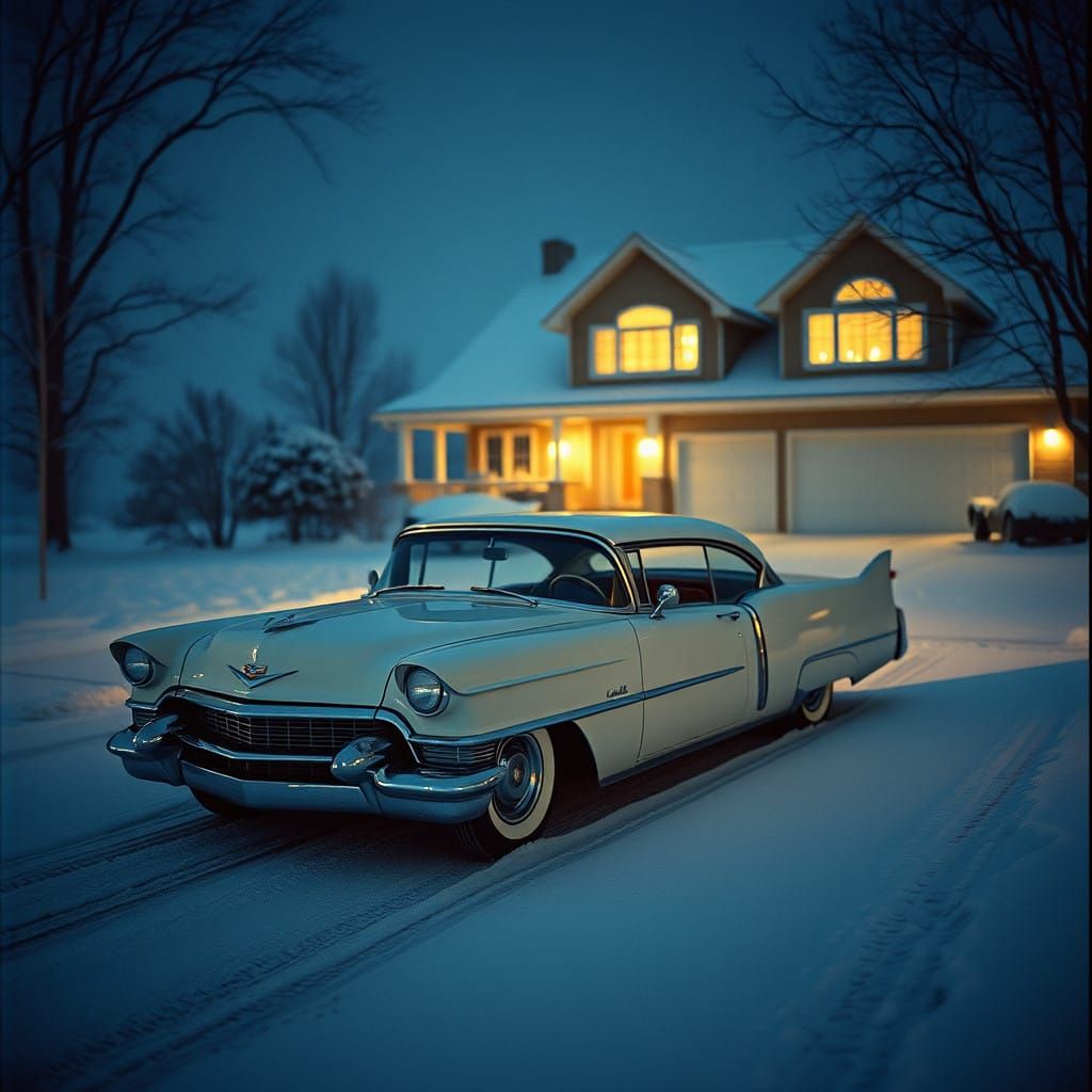 Vintage Cadillac Sedan Illuminated by Golden Light Under Sno...