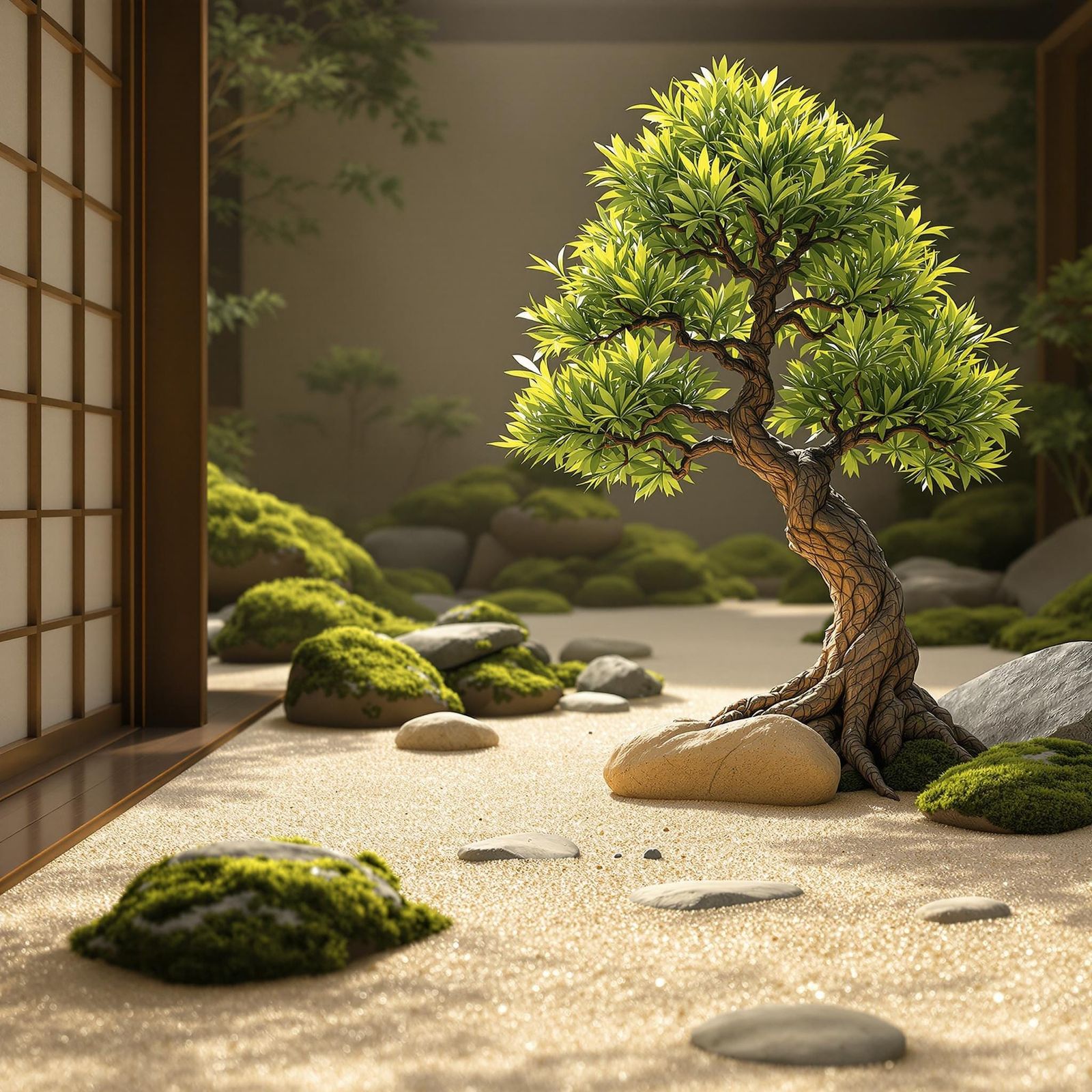 Serene Zen Garden with Bonsai Tree, Photorealistic Style
