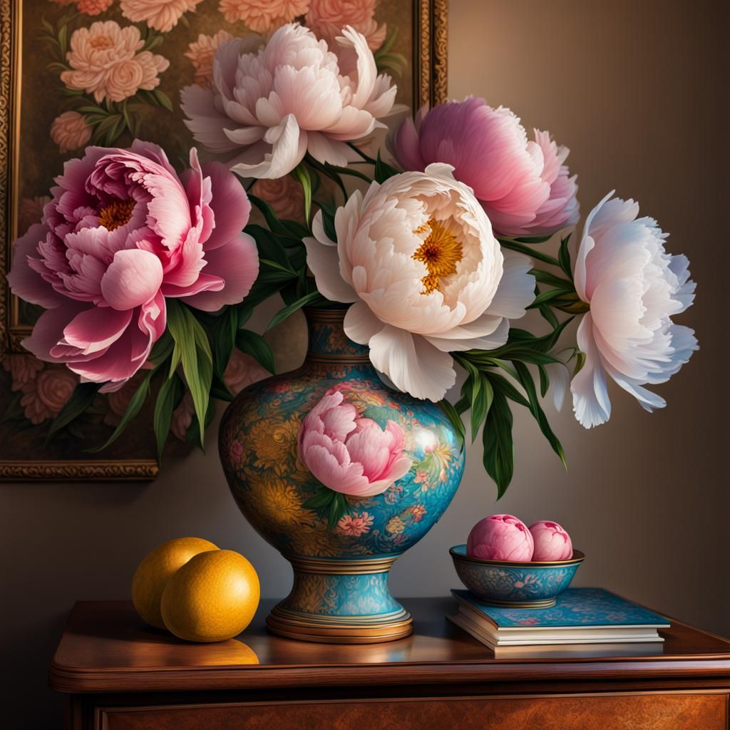 Hyperrealistic Peonies in Antique Vase