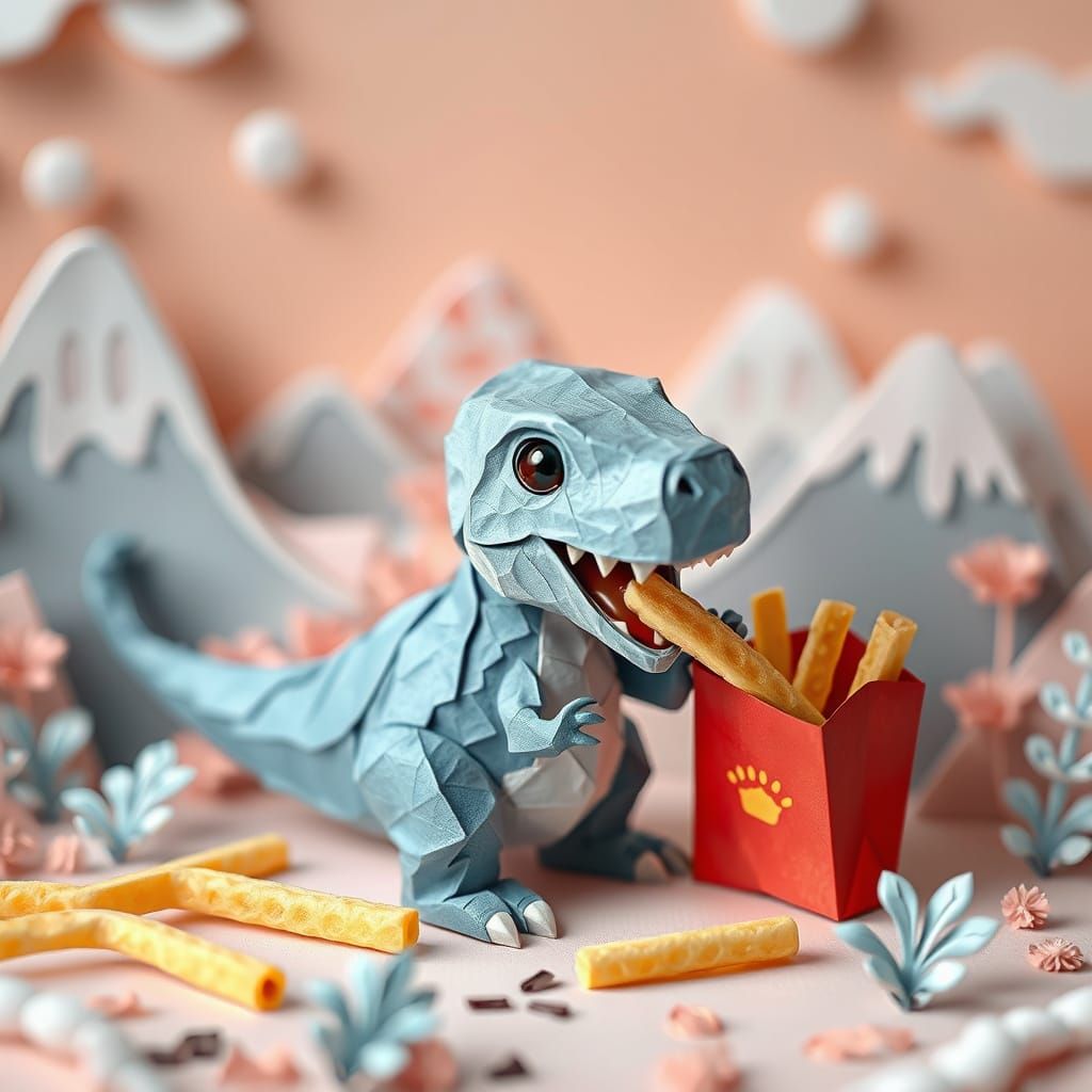 Whimsical Dinosaur Enjoys French Fry Delight