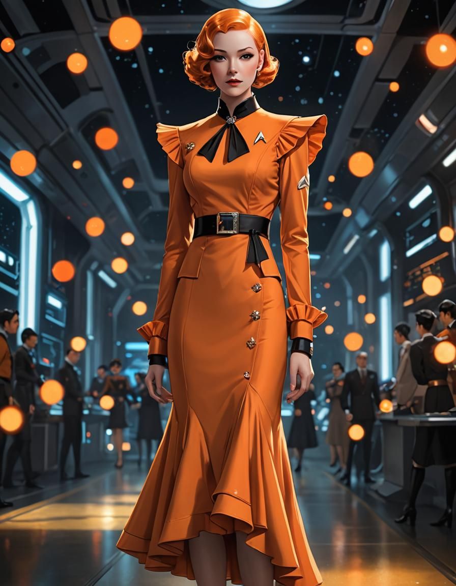 1930s Orange Ladies Suit with Ruffle Dress in Anime Style