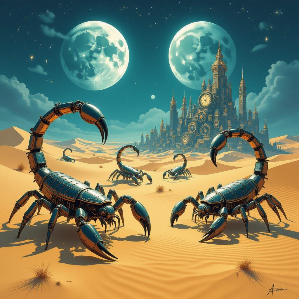 Giant Clockwork Scorpions on Glass Dunes