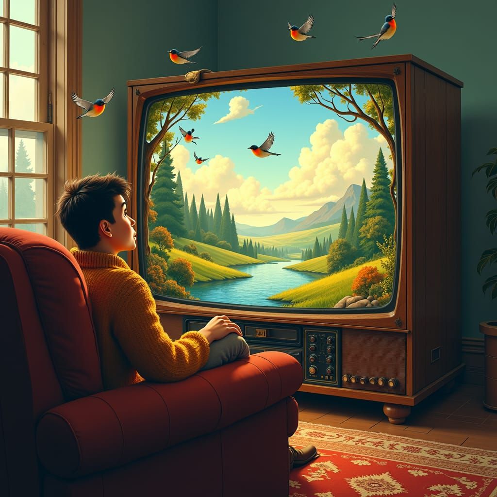 Highly detailed film still of a man watching a landscape scene come to life. Show parts of the landscape, such as trees,...