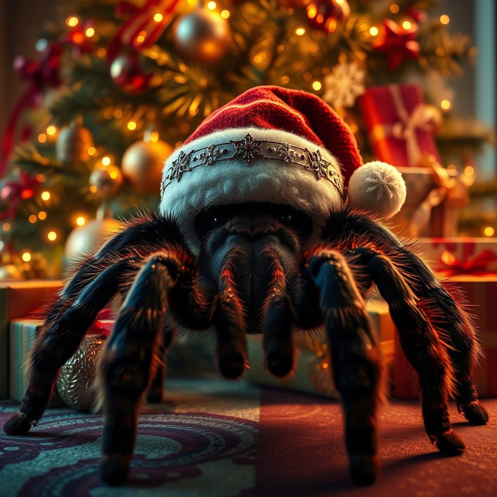 Majestic Tarantula Adorns Christmas Tree in Whimsical Winter...