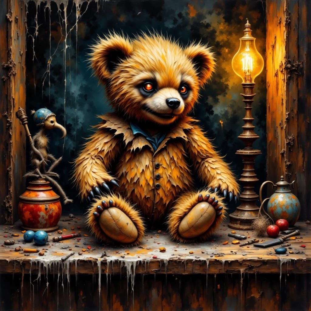 Sinister Teddy Bear with Embers for Eyes in Dusty Attic
